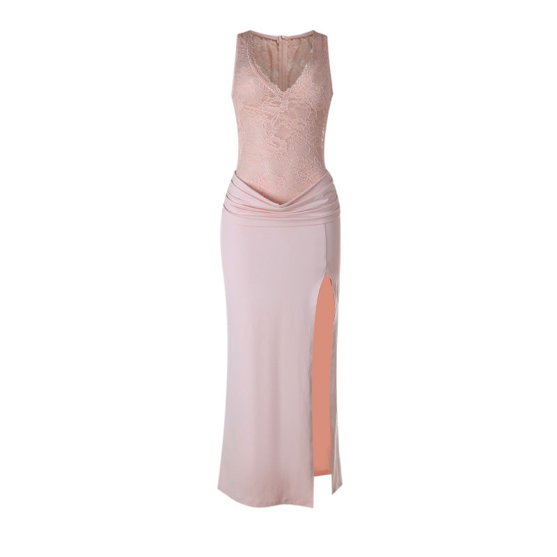Damen elegantes Abend-Maxikleid mit raffinierten Spitzenakzenten und hohem Schlitz EB