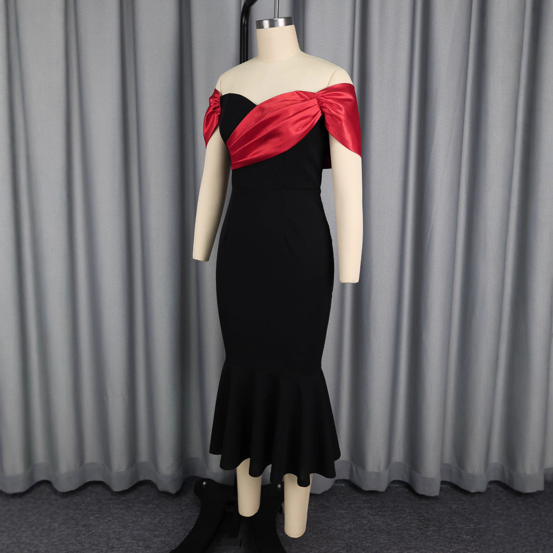 Damen elegantes schulterfreies Maxikleid mit voluminösen Rüschen EB
