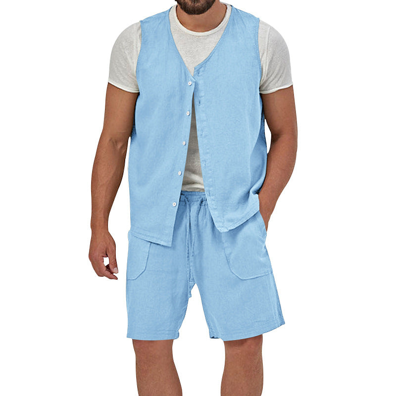 Herren nan zweiteiliges Freizeit-Set mit ärmelloser Knopfweste und weiten Kordelzug-Shorts mit aufgesetzten Taschen EB
