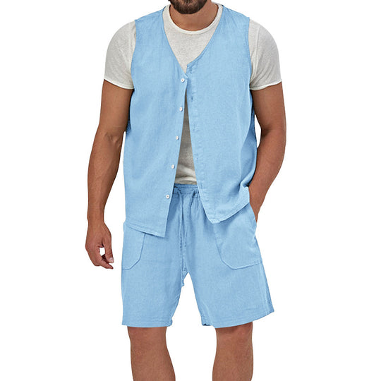 Herren nan zweiteiliges Freizeit-Set mit ärmelloser Knopfweste und weiten Kordelzug-Shorts mit aufgesetzten Taschen EB