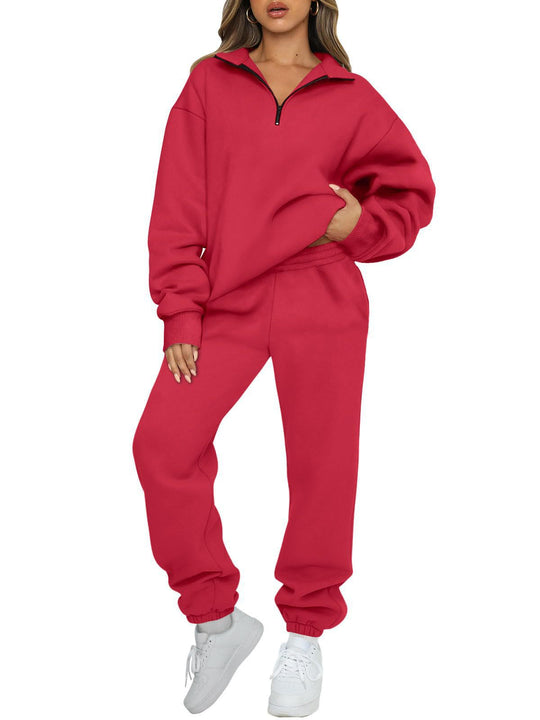 Damen nan Halbzip-Loungewear-Set mit übergroßem Kragenpullover und taillierter Jogginghose mit elastischem Bund EB