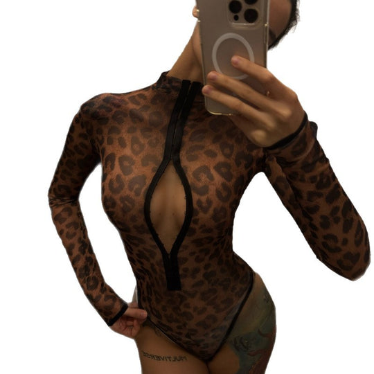 Damen Modischer Bodysuit mit tiefem V-Ausschnitt und Leopardenmuster EB