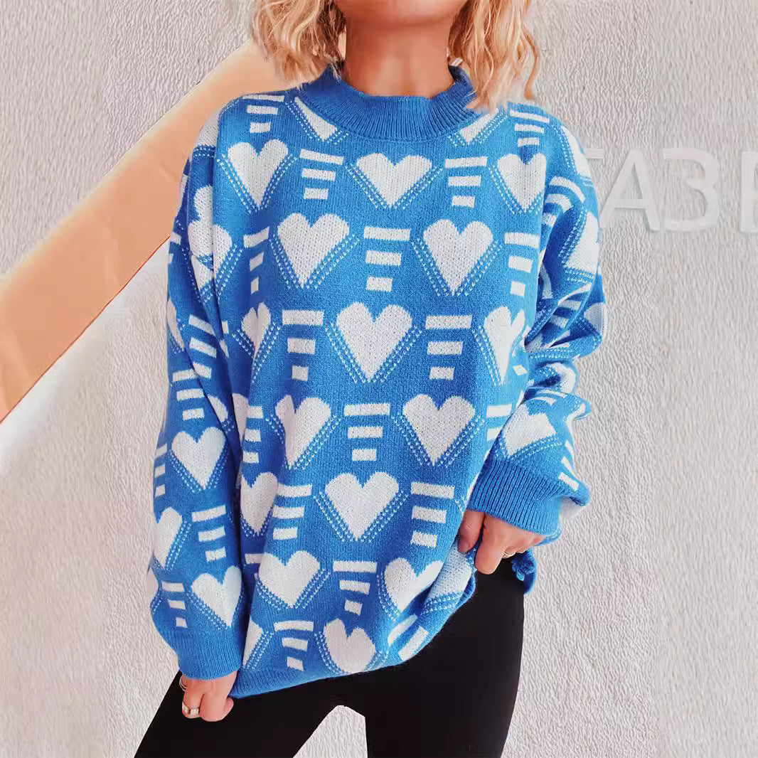 Damen gestrickter Pullover im modernen Herzdesign mit weitem Schnitt EB