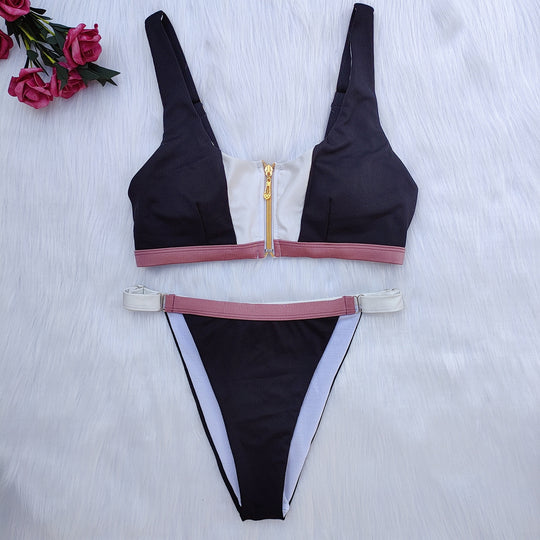 Damen Sport-Bikini-Set mit Reißverschluss und farblich abgesetzten Details EB