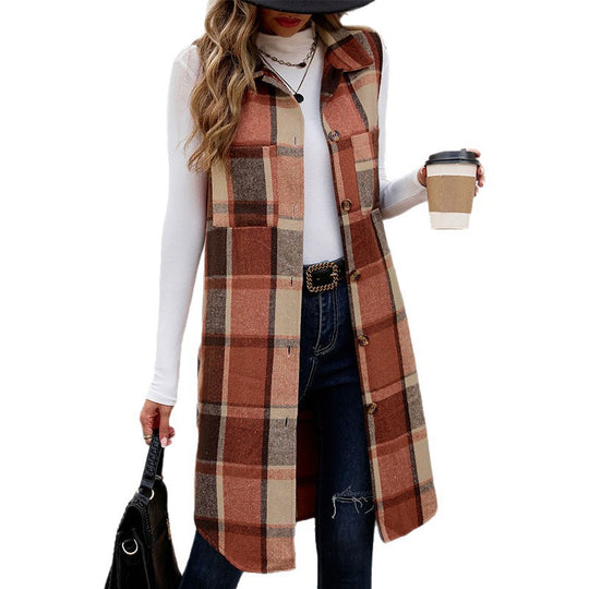 Damen Langarm-Weste mit Karo-Muster und praktischen Taschen EB