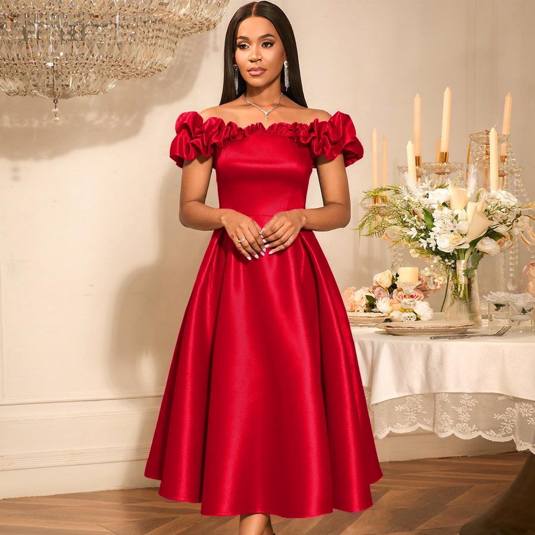 Damen Cocktailkleid mit schulterfreiem Design und voluminösen Rüschendetails EB