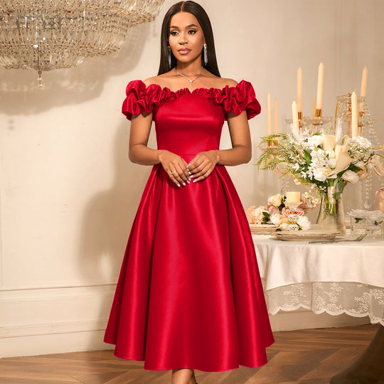 Damen Midi-Party Kleid mit schulterfreiem Design und voluminösen Rüschen EB