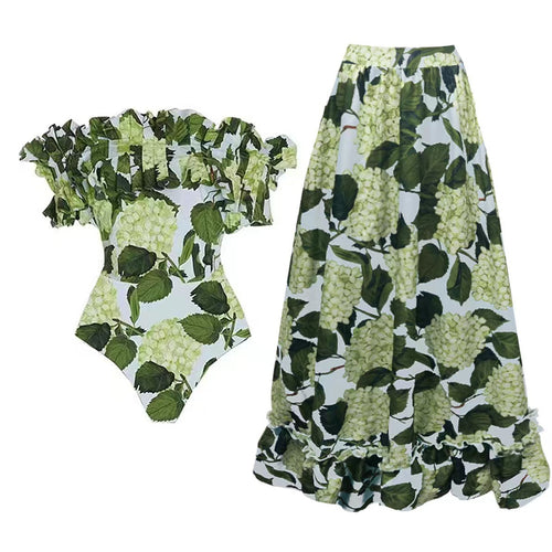 Damen Einteiler Badeanzug mit voluminösen Rüschendetails und floralem Design EB