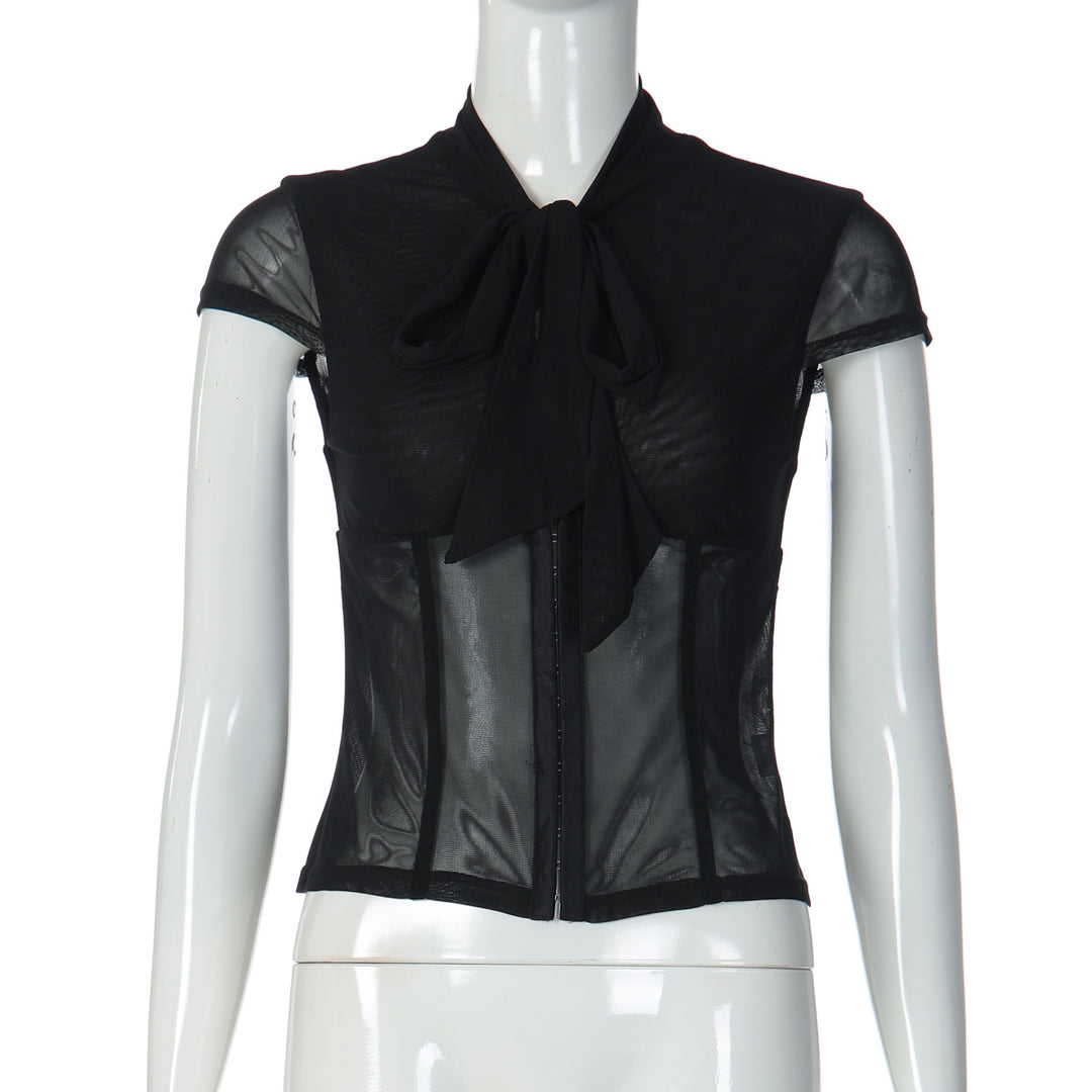 Damen Edles Spitzenoberteil mit dekorativer Schleife und transparentem Design EB