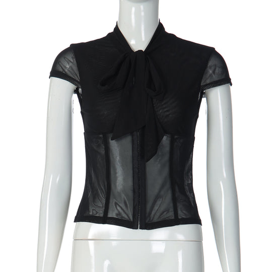 Damen Edles Spitzenoberteil mit dekorativer Schleife und transparentem Design EB
