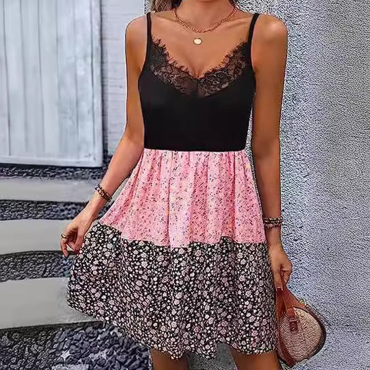 Damen Blumenkleid mit Spitzenoberteil und gefächertem Rock EB