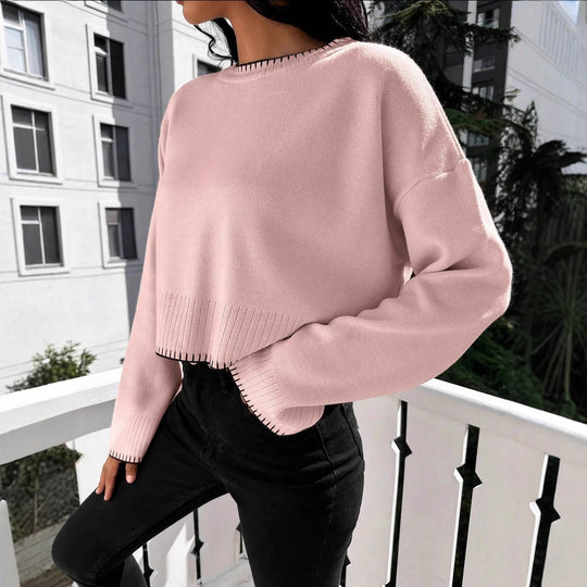 Damen lässiger Strickpullover mit kontrastierenden Nähten und cropped Schnitt EB