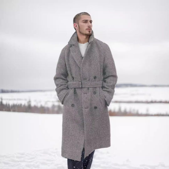 Herren eleganter Wollmantel mit Fischgrätmuster EB