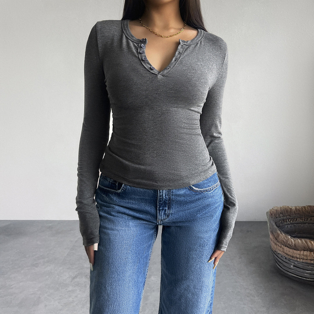 Damen nan tailliertes Henley-Longsleeve mit Stretchjersey und Daumenloch EB