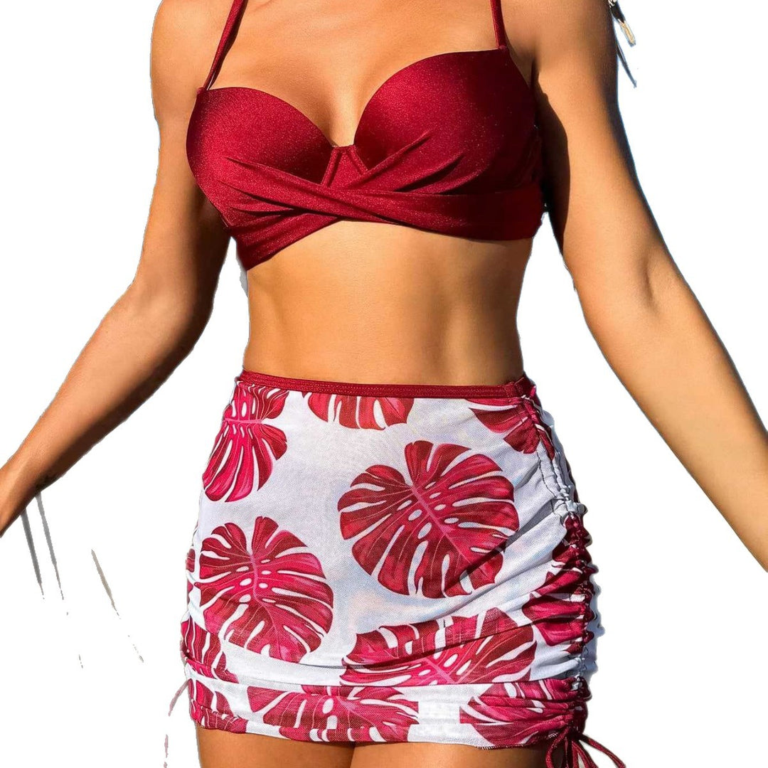 Damen Bikini-Set mit elegantem Knotendesign und floralem Rock EB