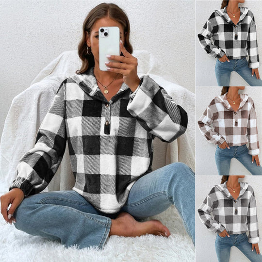 Damen Übergroßer Karierter Flanellpullover mit Kapuze EB
