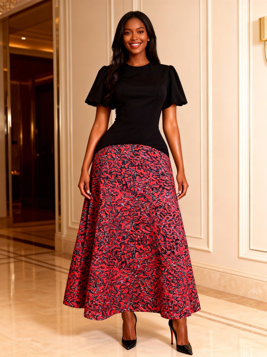 Damen Elegantes Maxikleid mit grafischem Muster und Puffärmel EB