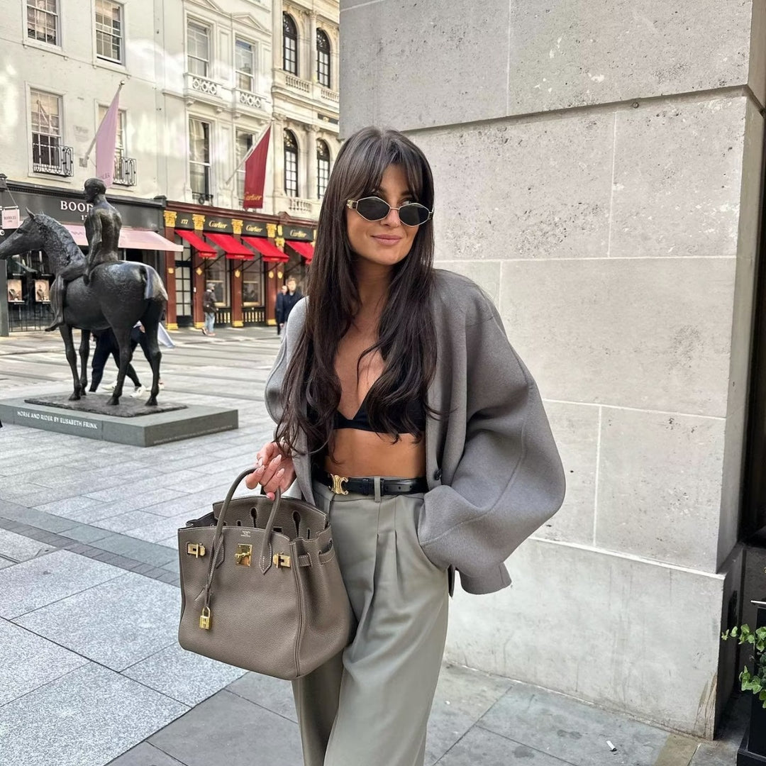 Damen elegante Jacke mit strukturiertem Stoff und großzügigen Taschen EB