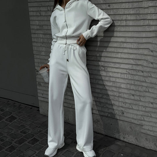 Damen Zweiteiliges Loungewear-Set mit kurzem Zip-Bomber und weiter High-Waist-Palazzohose EB