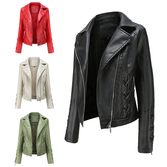 Damen modische Kunstlederjacke mit raffinierten Schnürdetails EB