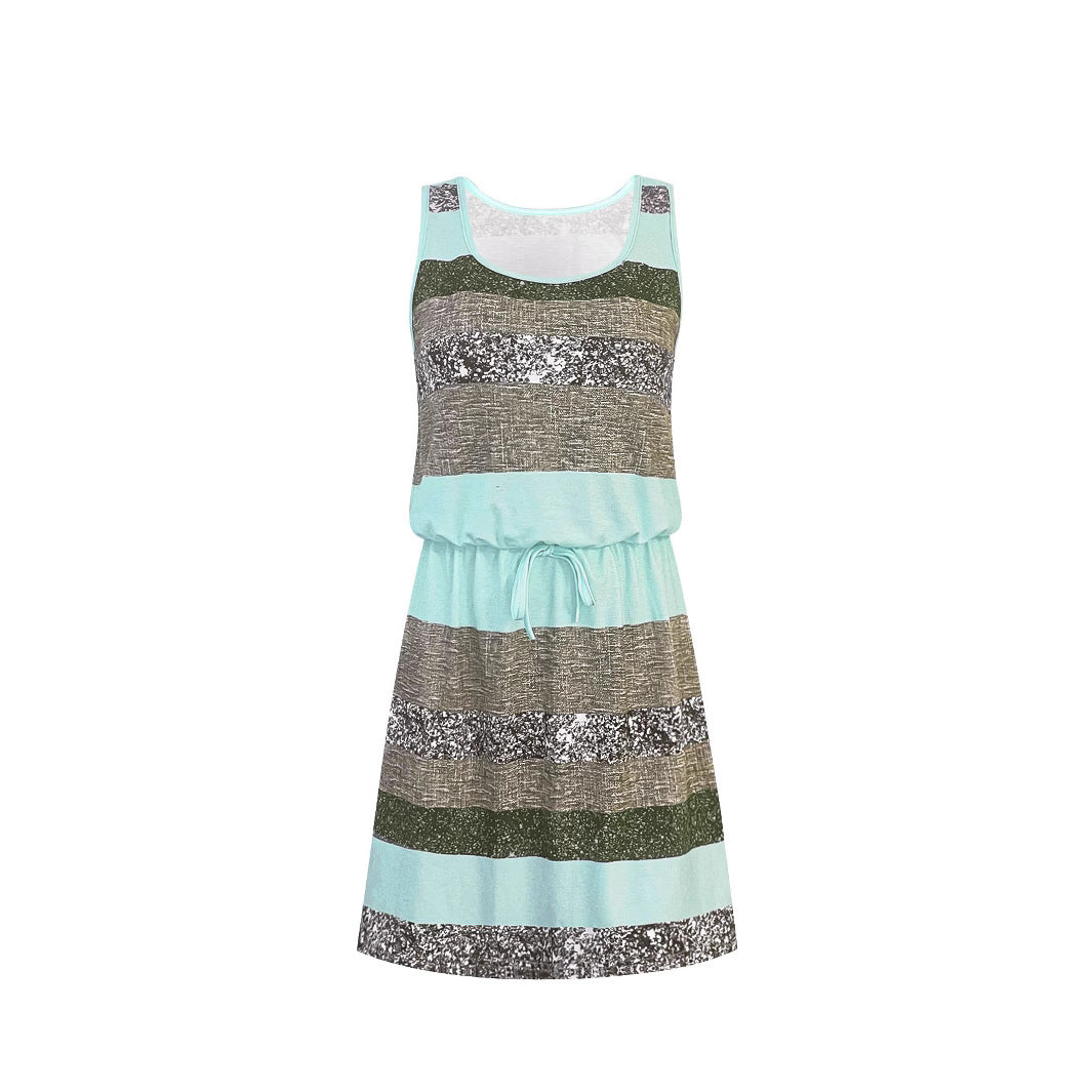 Damen Freizeitkleid mit dekorativem Kordelzug und modischem Streifenmuster EB
