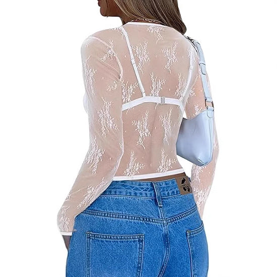 Damen Transparente Spitzenbluse mit eleganten Details EB