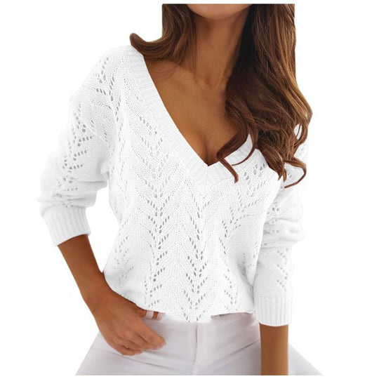 Damen Strickpullover mit Häkelmuster und V-Ausschnitt EB