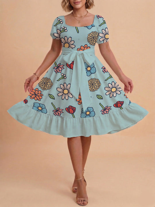 Damen Midi Kleid mit elegantem Blumendruck und tailliertem Gürtel EB