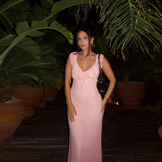 Damen figurbetontes Maxikleid mit Rüschendetails und V-Ausschnitt EB