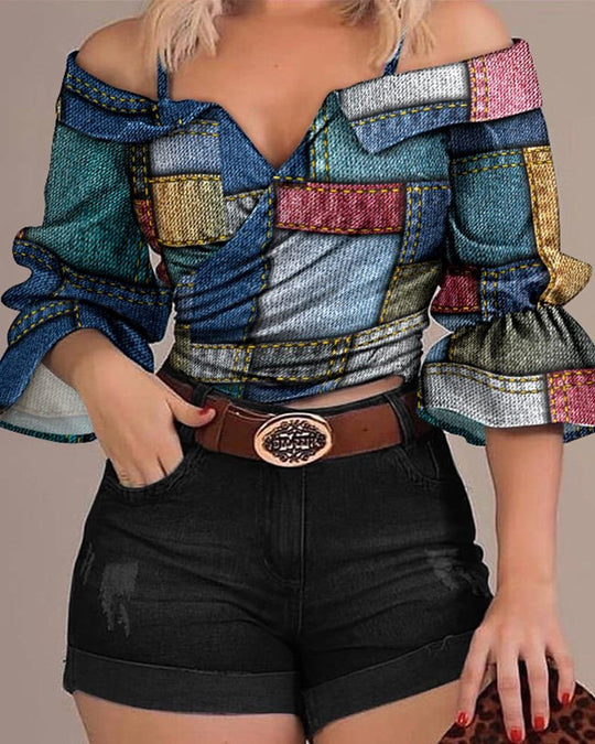 Damen modisches Oberteil mit voluminösen Ärmeln und Patchwork-Design EB