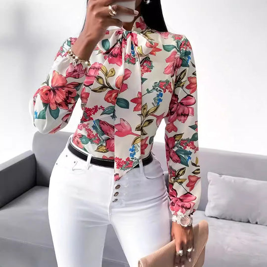 Damen Bluse mit Schleifen-Detail und floralem Design EB
