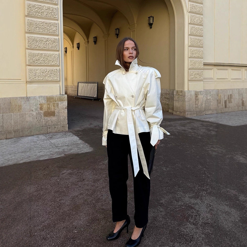 Damen modische Kurzjacke mit Taillengürtel und elegantem Schnitt EB