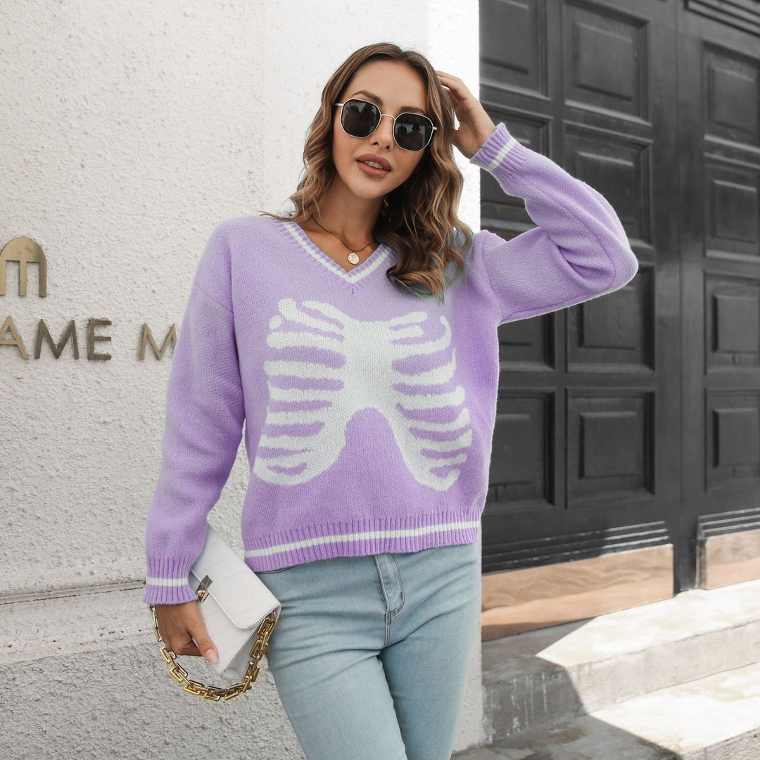 Damen Strickpullover mit kreativem Rippenmuster und V-Ausschnitt EB