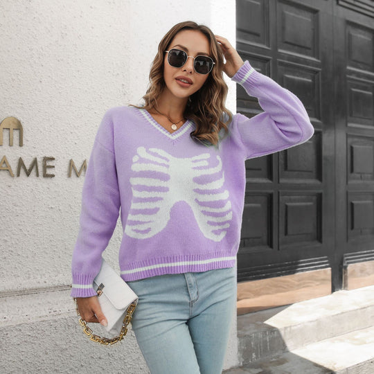 Damen Strickpullover mit kreativem Rippenmuster und V-Ausschnitt EB