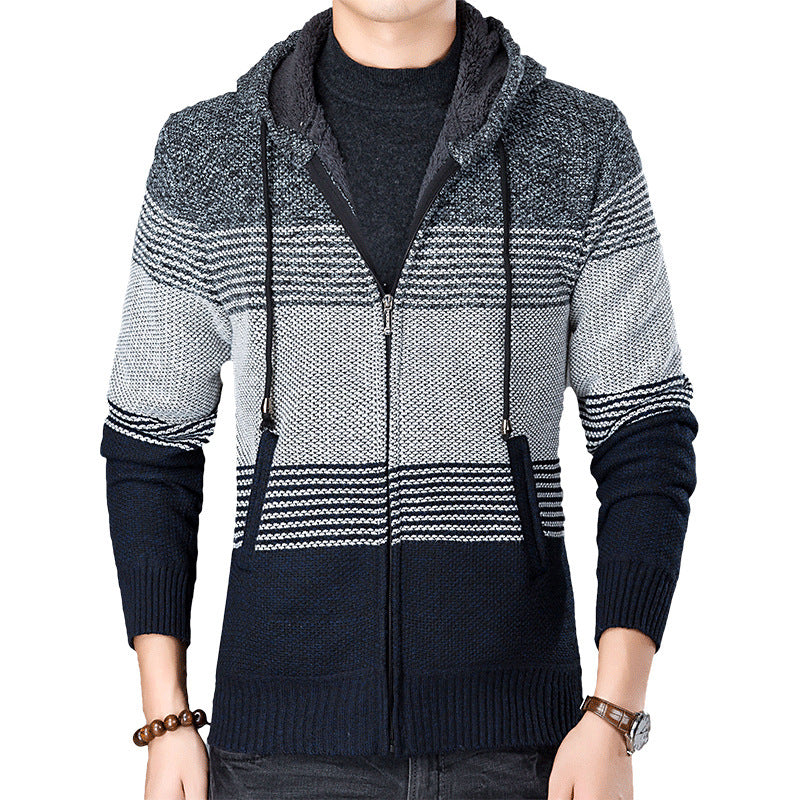 Herren Strickjacke mit Kapuze und modernen Blockstreifen EB