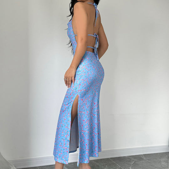 Damen Maxikleid mit eleganter Schnürung und floralem Muster EB