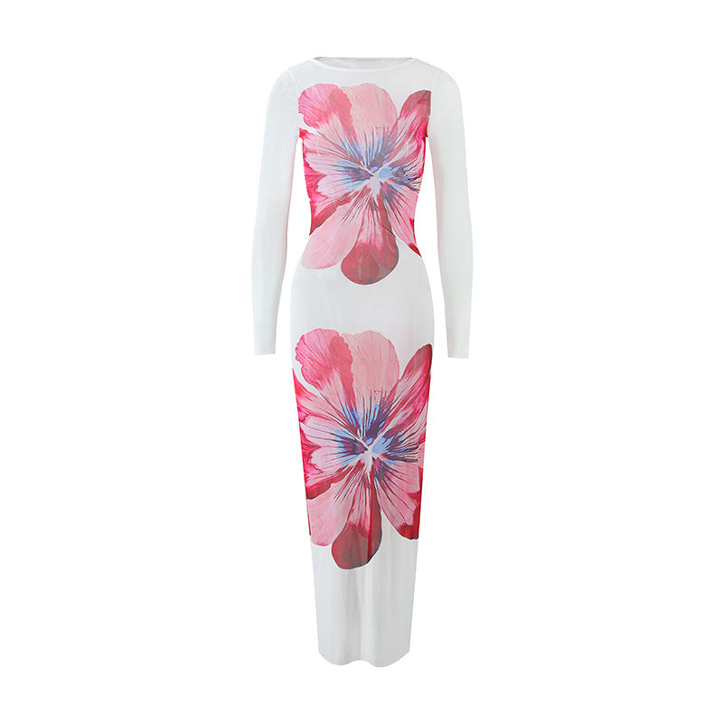Damen Elegantes Maxikleid mit floralen Druck und langem Arm EB