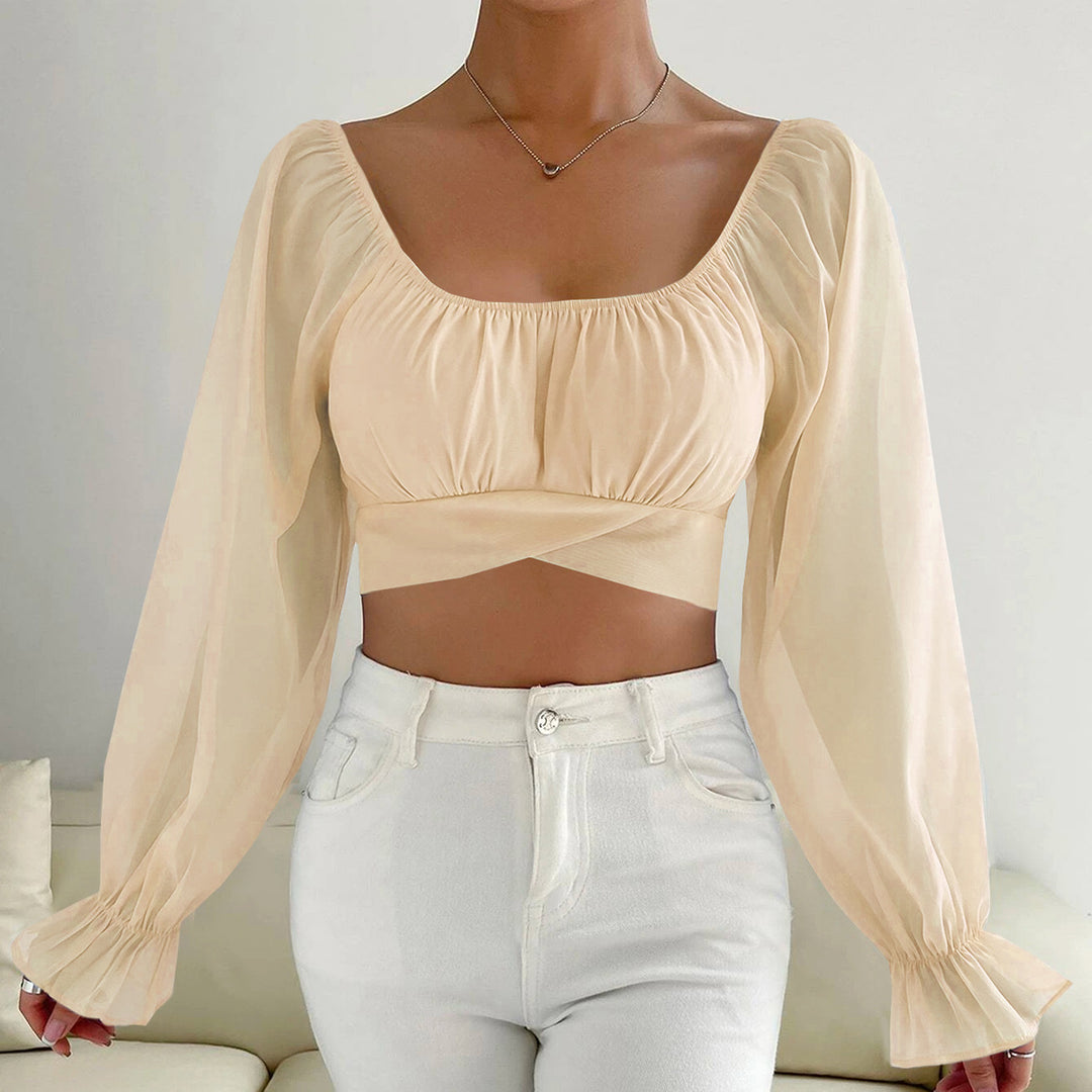 Damen Cropped Bluse mit Puffärmeln und raffiniertem Schnitt EB