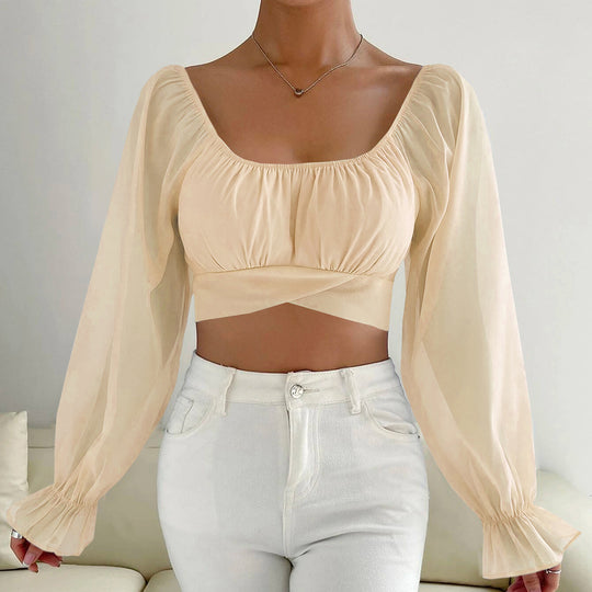 Damen Cropped Bluse mit Puffärmeln und raffiniertem Schnitt EB