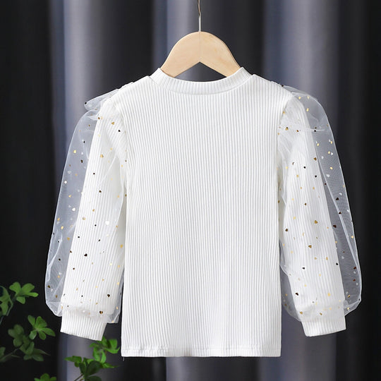 Mädchen Langarmshirt mit dekorativen Tüllärmeln und Spitzenapplikationen EB