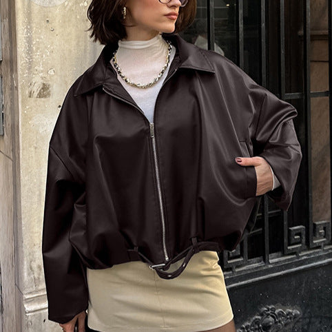 Damen lässige Oversized-Jacke mit Reißverschluss und breitem Kragen EB