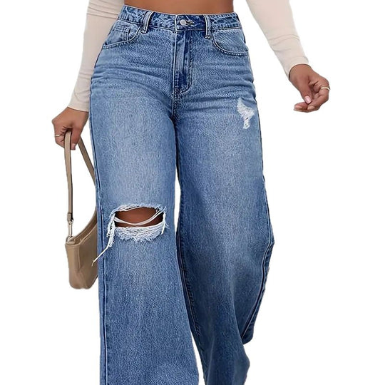 Damen Weite High-Waist Jeans mit modischen Rissdetails EB