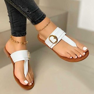 Damen nan elegante Zehensteg-Sandalen mit gepolsterter Komfortsohle und Zier-Schnalle EB