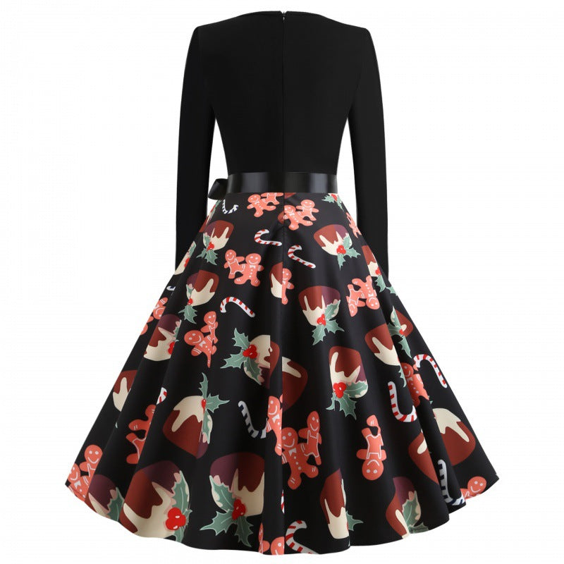 Damen Festliches Tellerkleid im Retro Stil mit langen Ärmeln tailliertem Oberteil und Satin‑Taillenschleife EB
