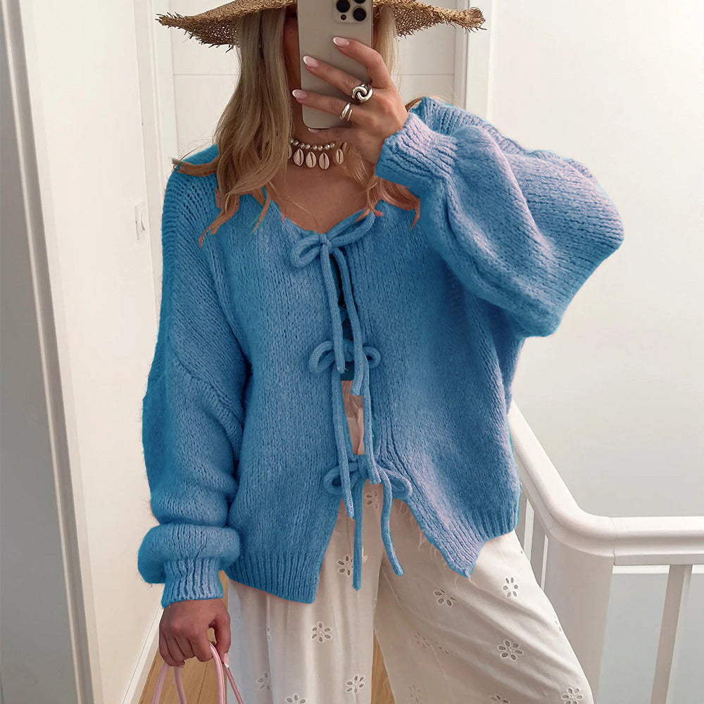 Damen Grobgestrickter Offener Cardigan mit Bindebändern, Oversize‑Silhouette und Raglanärmeln EB