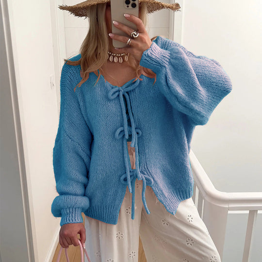Damen Grobgestrickter Offener Cardigan mit Bindebändern, Oversize‑Silhouette und Raglanärmeln EB