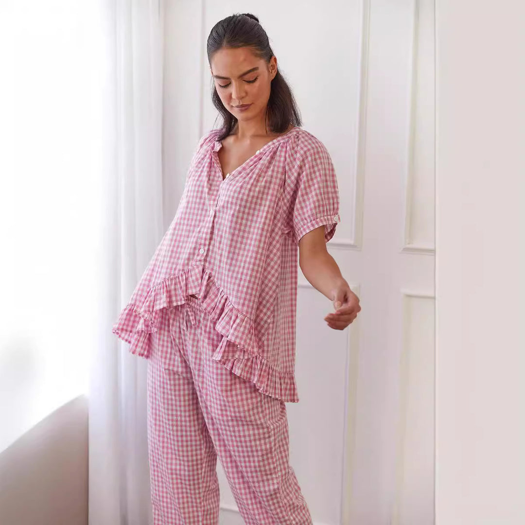 Damen Pyjama-Set mit Rüschen und Karomuster EB