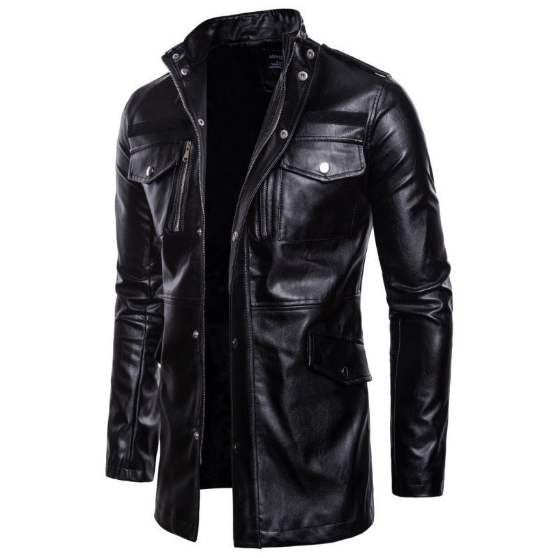 Herren lange Lederjacke mit praktischen Taschen EB