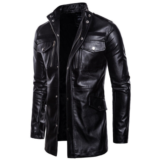 Herren lange Lederjacke mit praktischen Taschen EB