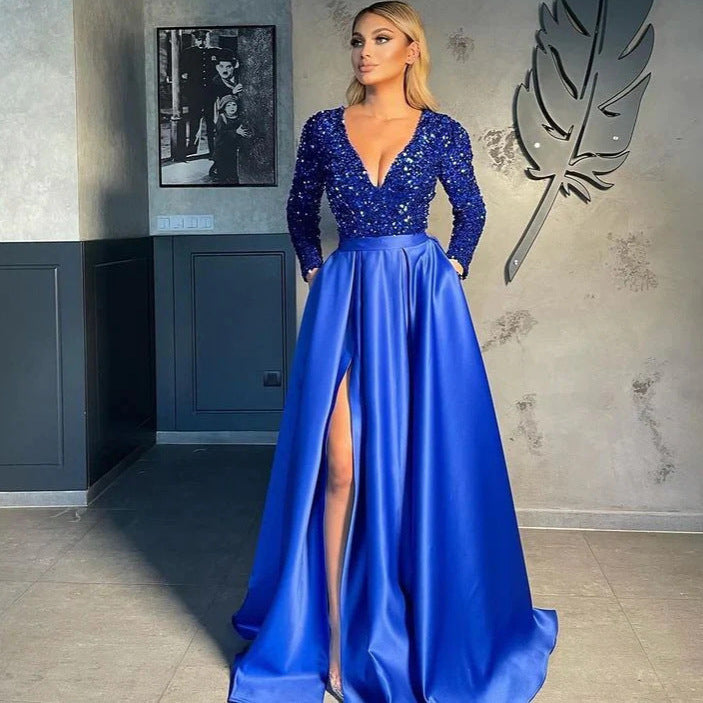 Damen Glamouröses Abendkleid mit funkelnden Pailletten und hohem Schlitz EB
